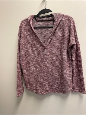Cozy V-Neck Hooded Knit Pullover - Dusty Rose